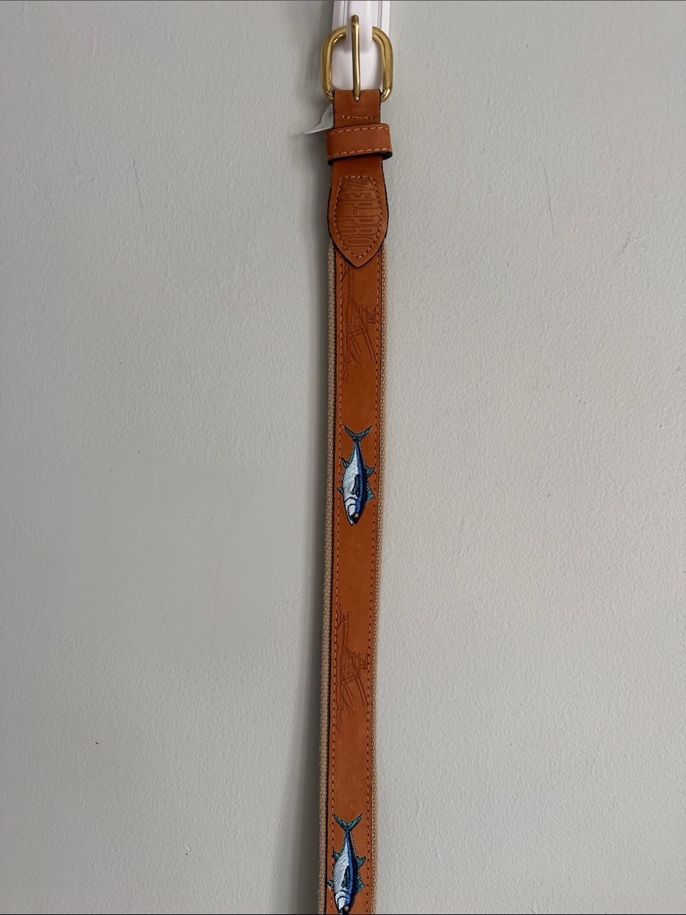 Tan Leather Embroidered Fish Belt with Brass Buckle